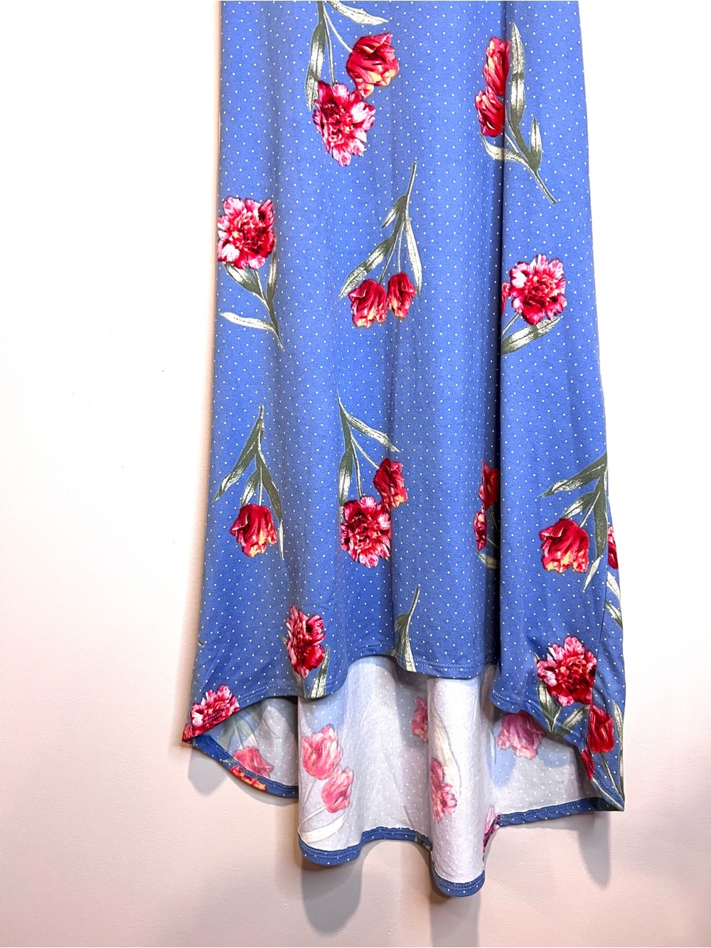 5/$20 Jenna & Jesse Floral High Low Midi Dress Blue Red Womens Size 12 - Picture 3 of 6